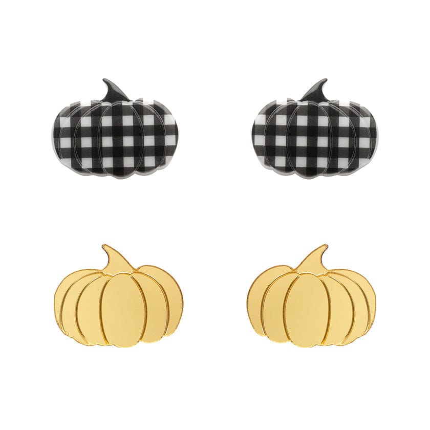 Pumpkin Patch Stud Earrings Set - Gold & Black Gingham  -  Erstwilder Essentials  -  Quirky Resin and Enamel Accessories