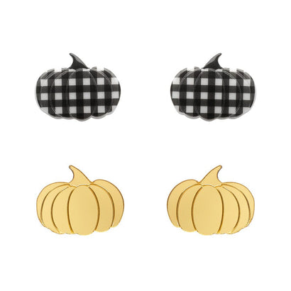 Pumpkin Patch Stud Earrings Set - Gold & Black Gingham  -  Erstwilder Essentials  -  Quirky Resin and Enamel Accessories