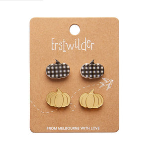 Pumpkin Patch Stud Earrings Set - Gold & Black Gingham  -  Erstwilder Essentials  -  Quirky Resin and Enamel Accessories