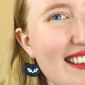 Shadow the Cat Glitter Drop Earrings - Black  -  Erstwilder Essentials  -  Quirky Resin and Enamel Accessories