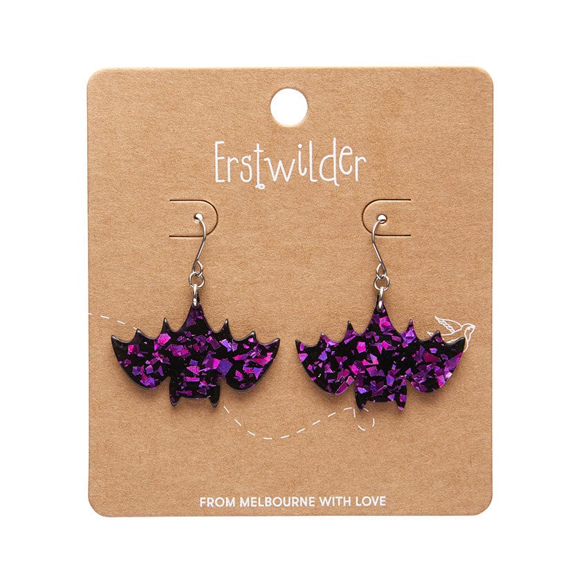 Fang Time Bat Chunky Glitter Drop Earrings - Purple  -  Erstwilder Essentials  -  Quirky Resin and Enamel Accessories