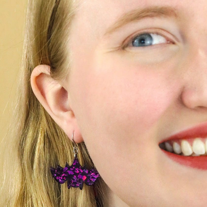 Fang Time Bat Chunky Glitter Drop Earrings - Purple  -  Erstwilder Essentials  -  Quirky Resin and Enamel Accessories