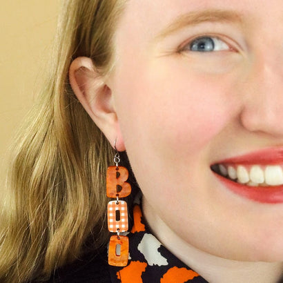 BOO Gingham Drop Earrings - Orange  -  Erstwilder Essentials  -  Quirky Resin and Enamel Accessories