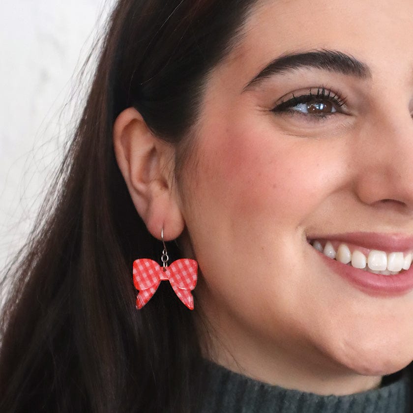 Bow Gingham Drop Earrings - Red  -  Erstwilder Essentials  -  Quirky Resin and Enamel Accessories