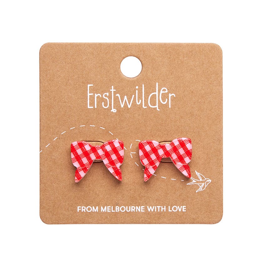 Bow Gingham Stud Earrings - Red  -  Erstwilder Essentials  -  Quirky Resin and Enamel Accessories