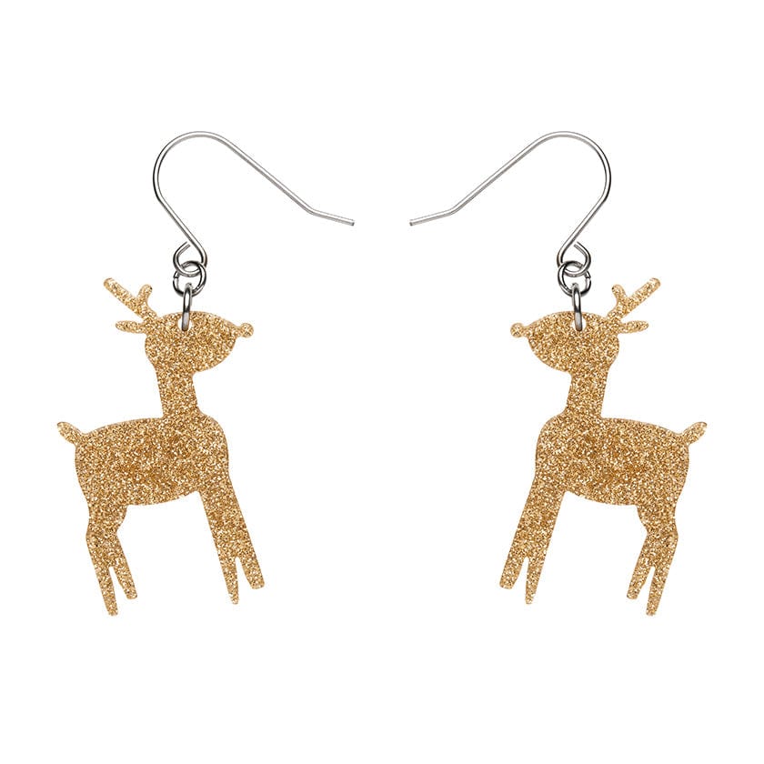 Reindeer Glitter Drop Earrings - Gold  -  Erstwilder Essentials  -  Quirky Resin and Enamel Accessories