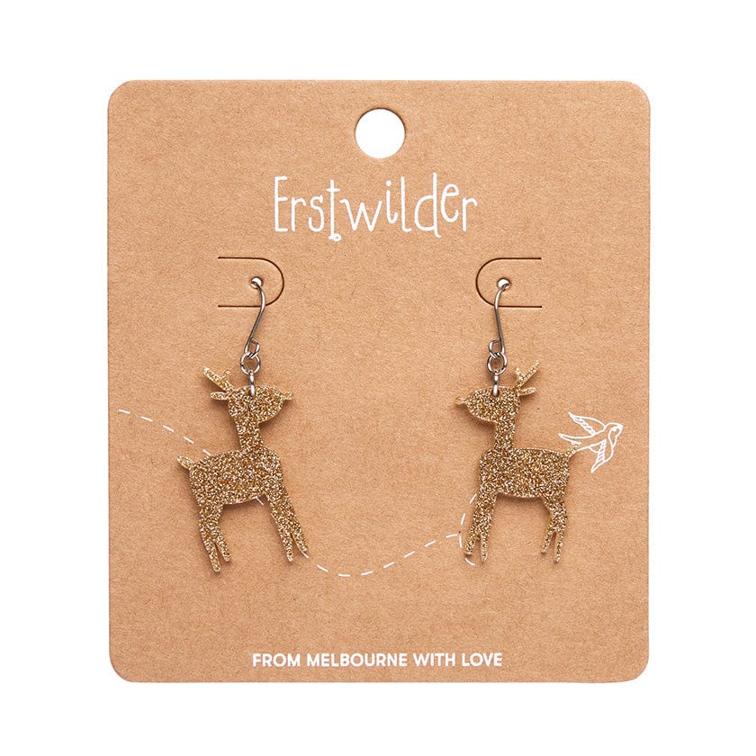 Reindeer Glitter Drop Earrings - Gold  -  Erstwilder Essentials  -  Quirky Resin and Enamel Accessories