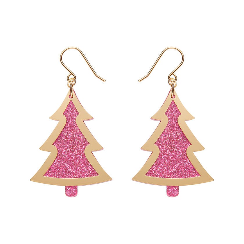 Pink Christmas Tree Drop Earrings - Gold  -  Erstwilder Essentials  -  Quirky Resin and Enamel Accessories