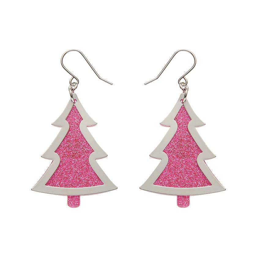 Pink Christmas Tree Drop Earrings - Silver  -  Erstwilder Essentials  -  Quirky Resin and Enamel Accessories