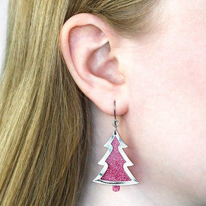 Pink Christmas Tree Drop Earrings - Silver  -  Erstwilder Essentials  -  Quirky Resin and Enamel Accessories
