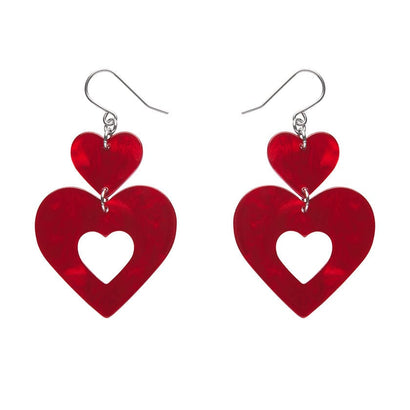 Double Heart Ripple Drop Earrings - Red  -  Erstwilder Essentials  -  Quirky Resin and Enamel Accessories