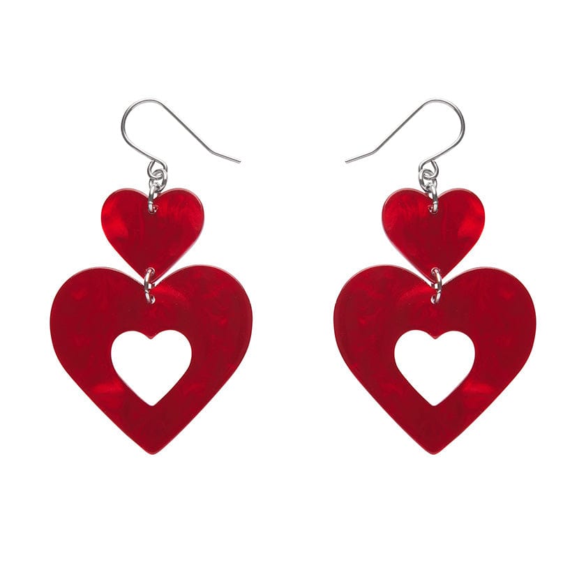 Double Heart Ripple Drop Earrings - Red  -  Erstwilder Essentials  -  Quirky Resin and Enamel Accessories