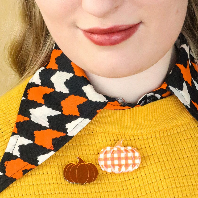 Pumpkin Patch Mini Brooch Set - Orange & Orange Gingham  -  Erstwilder  -  Quirky Resin and Enamel Accessories
