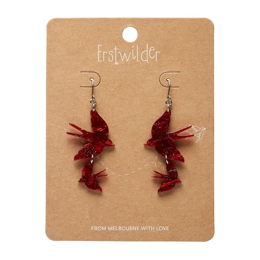 Double Swallow Drop Earrings - Red  -  Erstwilder Essentials  -  Quirky Resin and Enamel Accessories