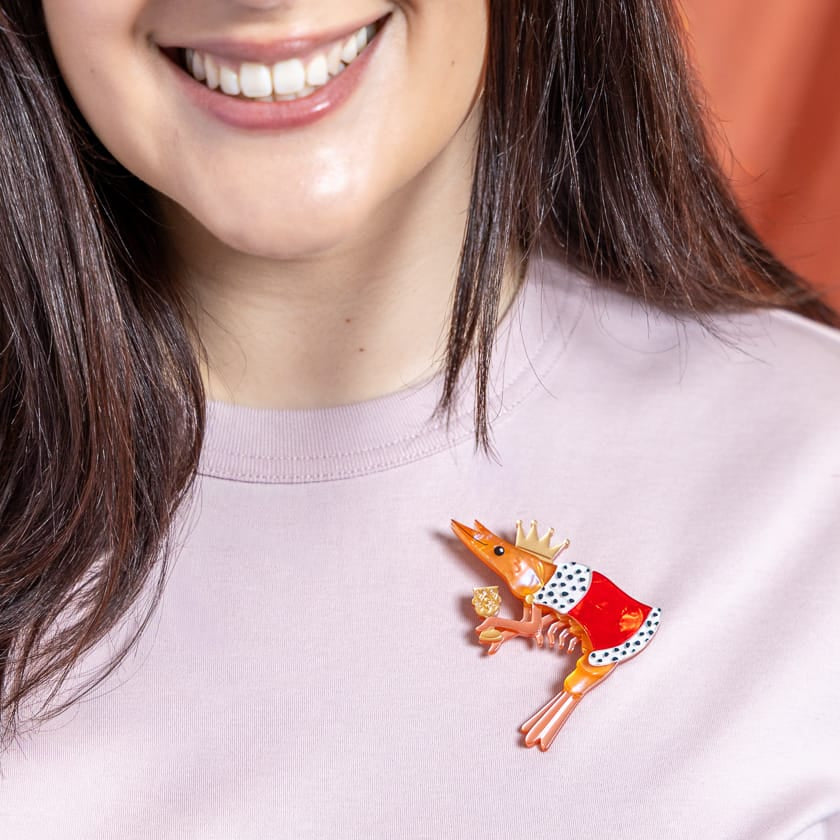 Pascal the King Prawn Brooch  -  Erstwilder  -  Quirky Resin and Enamel Accessories