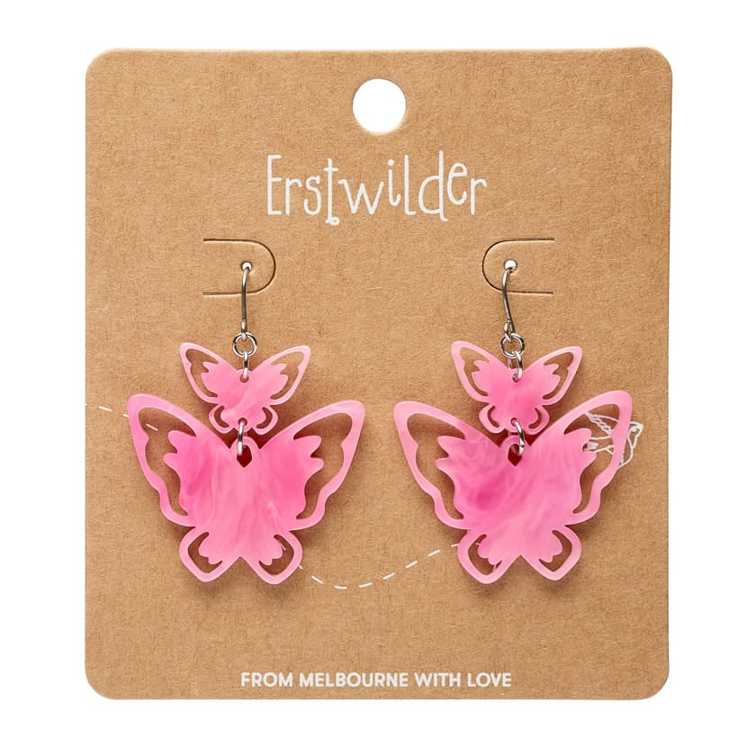 Double Butterfly Drop Earrings - Pink  -  Erstwilder Essentials  -  Quirky Resin and Enamel Accessories