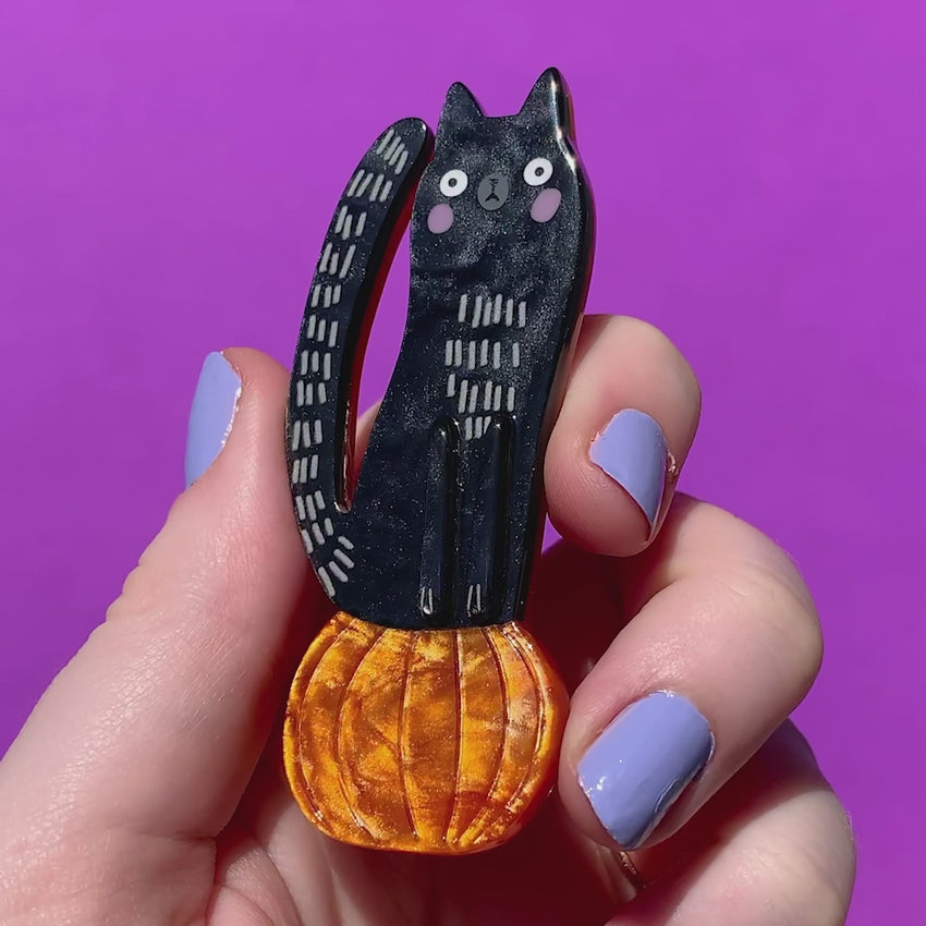 Broche Vintage Halloween - Chat Noir Et Citrouille - Occasion
