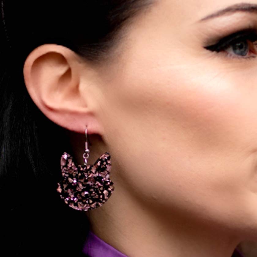 Erstwilder Essentials Solid Cat Head Chunky Glitter Resin Drop Earrings - Pink EE1027-CG2000