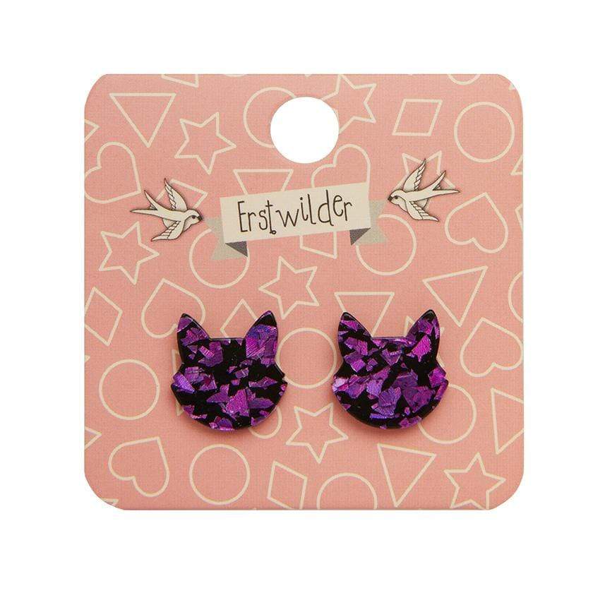 Erstwilder Essentials Cat Head Chunky Glitter Resin Stud Earrings - Purple EE0011-CG5000