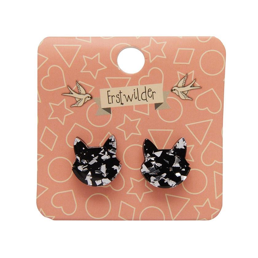 Erstwilder Essentials Cat Head Chunky Glitter Resin Stud Earrings - Silver EE0011-CG7200