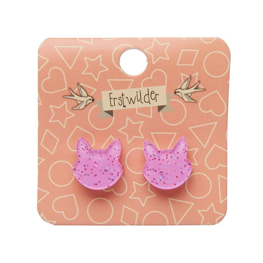 Erstwilder Essentials Cat Head Glitter Resin Stud Earrings - Pink EE0011-G2000