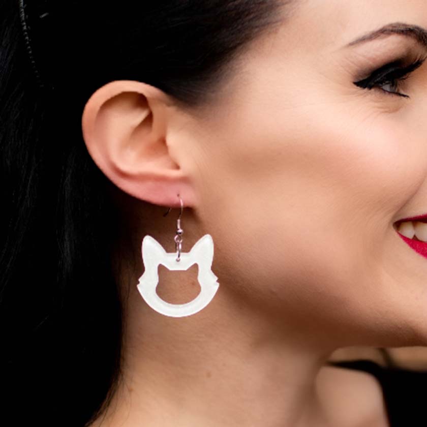 Erstwilder Essentials Cat Head Glitter Resin Drop Earrings - White EE1011-SG8000