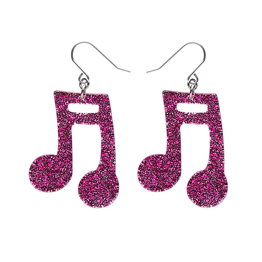 Musical Note Glitter Resin Drop Earrings - Fuchsia  -  Erstwilder  -  Quirky Resin and Enamel Accessories