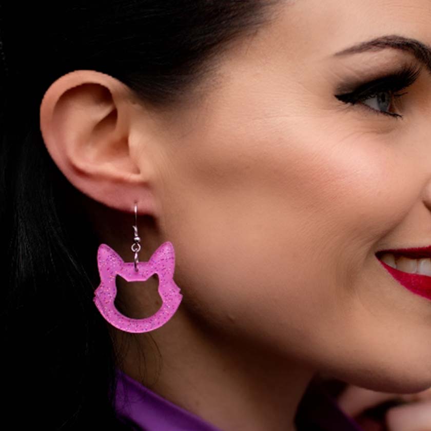 Erstwilder Essentials Cat Head Glitter Resin Drop Earrings - Pink EE1011-G2000