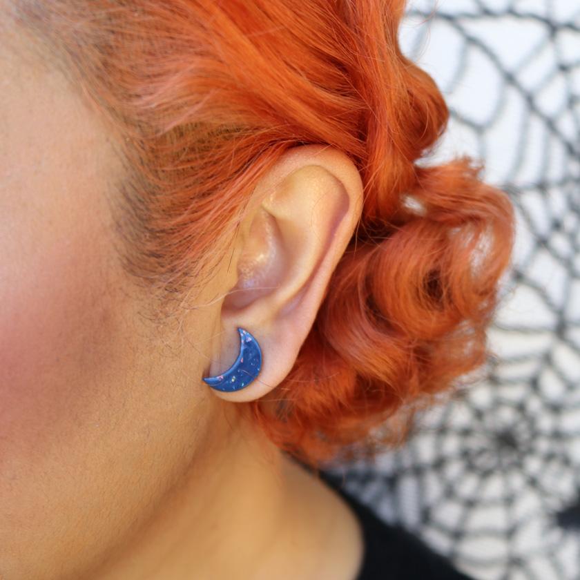 Erstwilder Essentials Crescent Moon Solid Glitter Resin Stud Earrings - Dark Blue EE0006-G3100