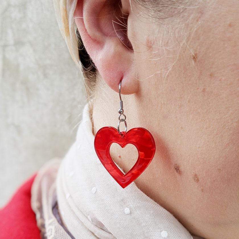 Statement Glitter Ripple Resin Heart Drop Earrings  Red  Erstwilder