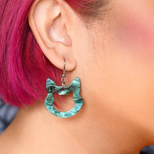 Erstwilder Essentials Cat Head Ripple Glitter Resin Drop Earrings - Green EE1011-RG4000