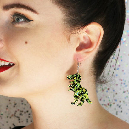 Erstwilder Essentials Tyrannosaurus Chunky Glitter Resin Drop Earrings - Lime EE1020-CG4200